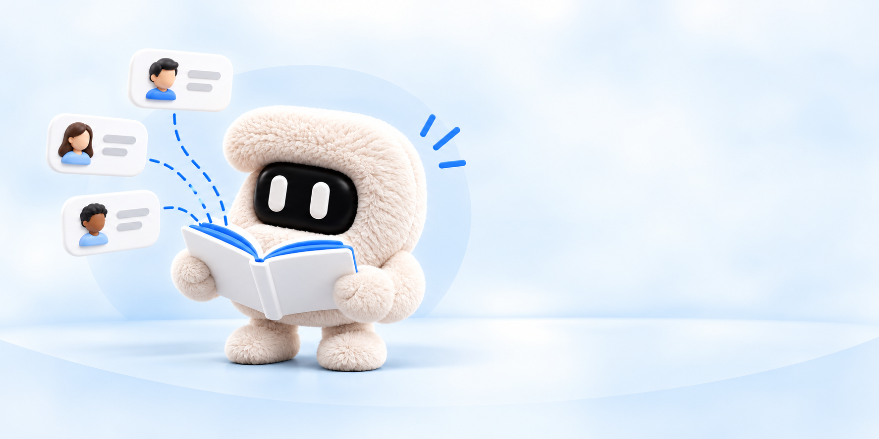 Mascote Dezzos aprende com um livro conectado a cartões de conversa de diferentes pessoas.