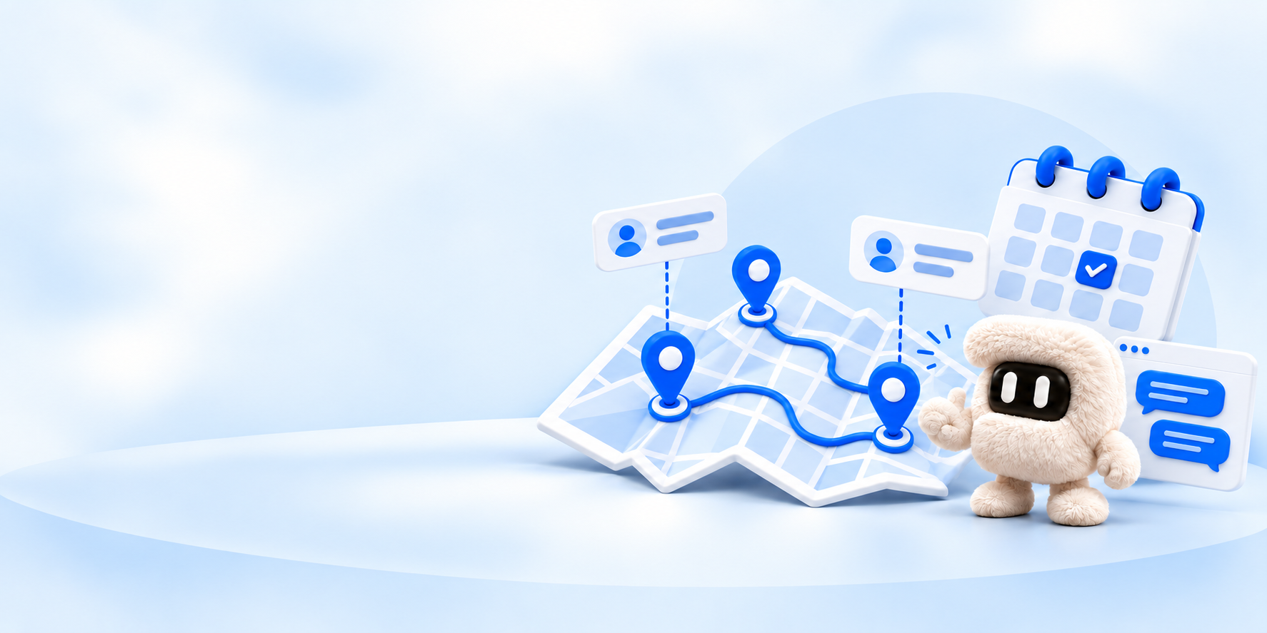 Mapa de visitas a clientes, agenda e contatos enquanto Dezzos acompanha mensagens online